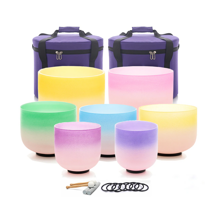 7-12 Inch Pastel Gradient Set of 7 Crystal Singing Bowls + FREE Carrying Case, Mallet and O-ring
