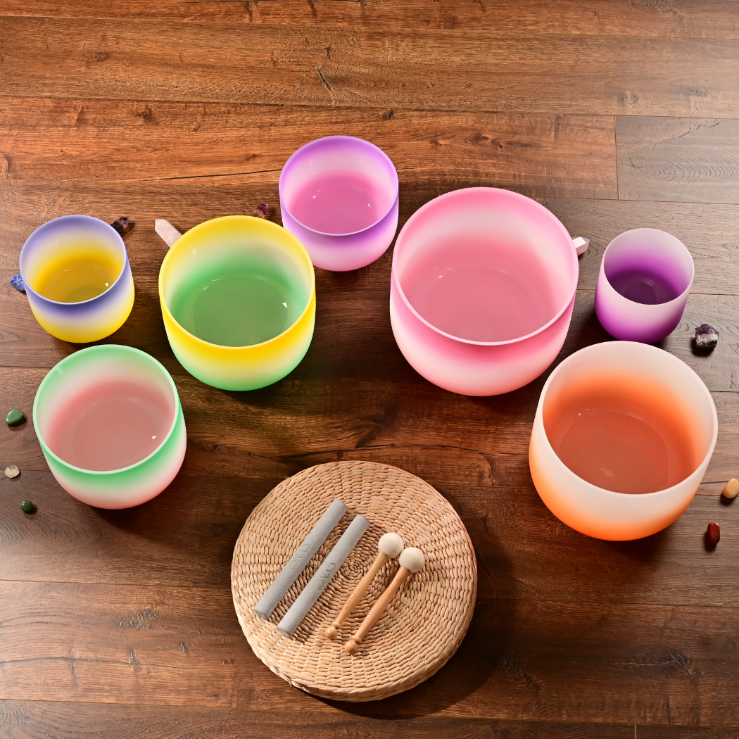 7 Chakra Quartz Crystal Singing Bowl Set - Candy Chakra Color + 2 FREE