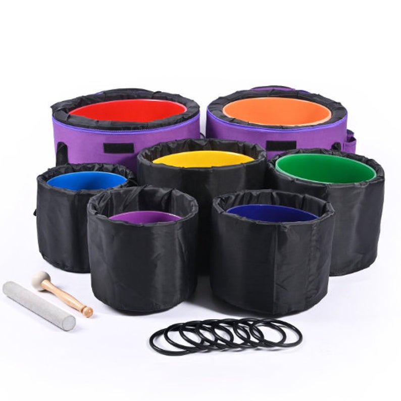 7 Chakra Quartz Crystal Singing Bowl Set - Solid Colored + 2 FREE Carr