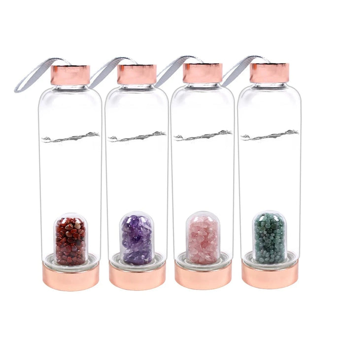 Crystal Quartz Crushed Stone Energy Glass Water Bottle + Carrying Case