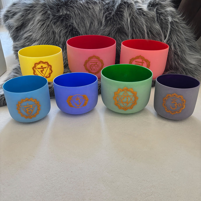 432 Hz 6-12 inch, 7 Chakra Decal Design Frosted Quartz Crystal Singing Bowls Set + 2 FREE Carrying Cases