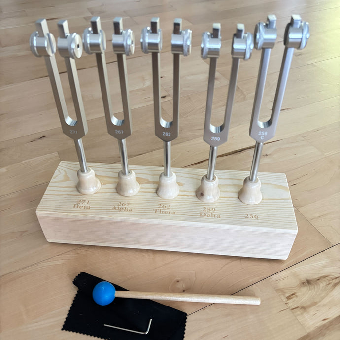 5 pc Binaural Brainwave Weighted Tuning Fork Set with Resonance Box