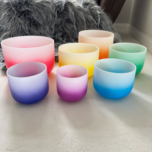 6-12 inch 7 Chakra Quartz Crystal Singing Bowl Set - Gradient Chakra Color + 2 FREE Carrying Cases