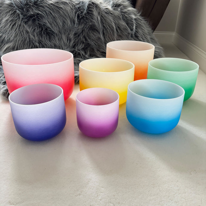 6-12 inch 7 Chakra Quartz Crystal Singing Bowl Set - Gradient Chakra Color + 2 FREE Carrying Cases