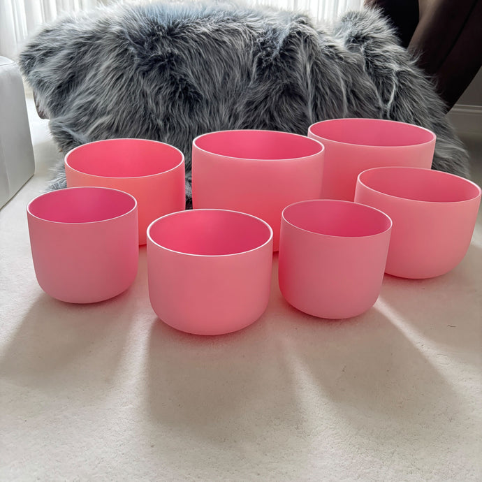 6-12inch, 7 Solid Pink Crystal Singing Bowls Set + 2 FREE Carrying Cases