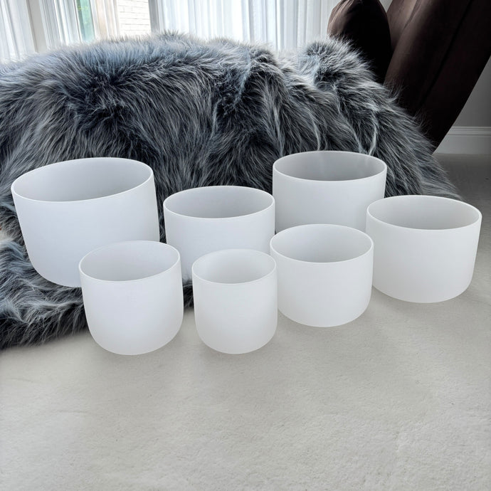 7 White Frosted Quartz Crystal Singing Bowl + 2 FREE Carrying Cases
