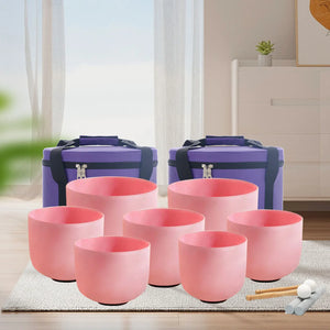 6-12inch, 7 Solid Pink Crystal Singing Bowls Set + 2 FREE Carrying Cases
