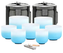 Load image into Gallery viewer, 7 Blue Ombre Frosted Quartz Crystal Singing Bowls Set + 2 FREE Carrying Cases