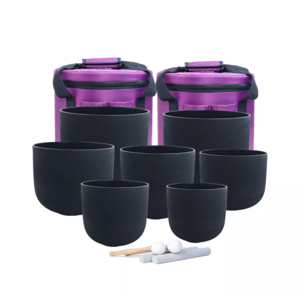8-14 inch - 7 Black Frosted Quartz Crystal Singing Bowl + 2 FREE Carrying Cases