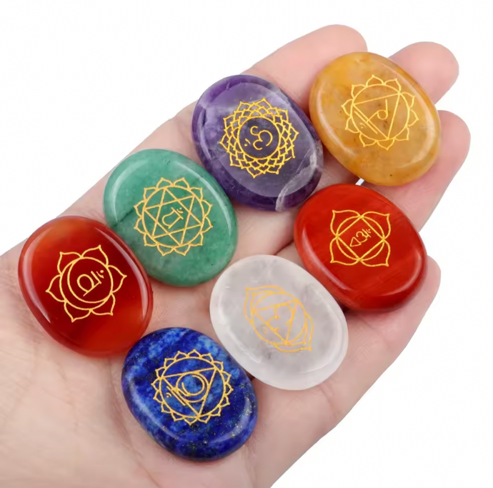 7 Chakra Symbol Crystal Stone Set, Round/Oval