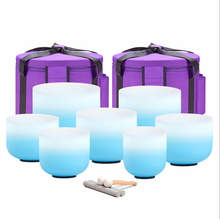 Load image into Gallery viewer, 7 Blue Ombre Frosted Quartz Crystal Singing Bowls Set + 2 FREE Carrying Cases