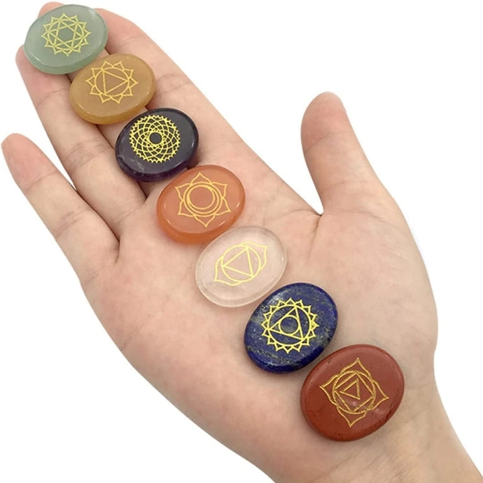 7 Chakra Symbol Crystal Stone Set, Round/Oval