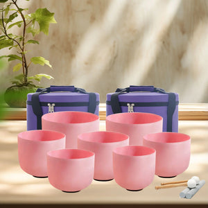 6-12inch, 7 Solid Pink Crystal Singing Bowls Set + 2 FREE Carrying Cases