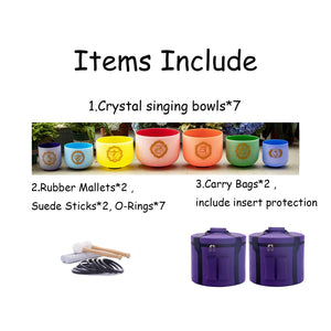 6-12 Inch 7 Chakra Quartz Crystal Singing Bowl Set - Colored Chakra Design + 2 FREE Carrying Cases