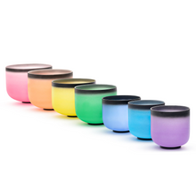 Load image into Gallery viewer, 7-12 Inch Black Rim Pastel Colored Frosted Quartz Crystal Singing Bowl Set