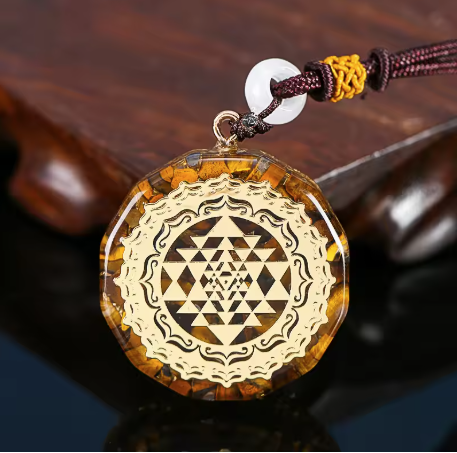 Orgonite, Tiger Eye Sri Yantra Pendant, EMF Radiation Protection Necklace