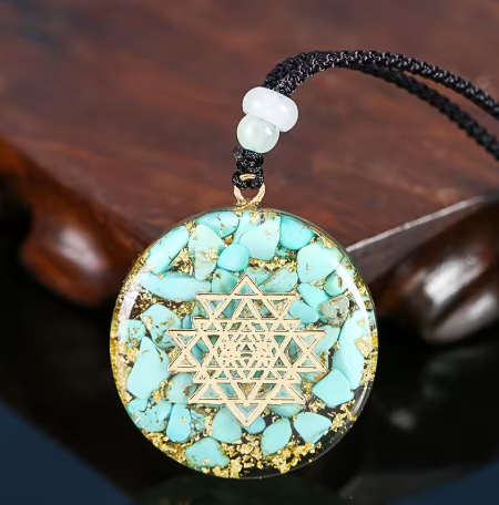 Orgonite, Turquoise Sri Yantra Pendant, EMF Radiation Protection Necklace