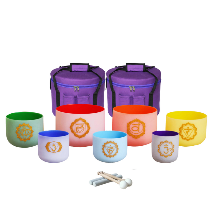 6-12 inch, 7 Chakra Decal Design Frosted Quartz Crystal Singing Bowls Set + 2 FREE Carrying Cases
