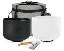 Load image into Gallery viewer, 2-Piece Yin &amp; Yang Crystal Singing Bowl Set – 8&quot; Black (A Note) &amp; 10&quot; White (F Note) + FREE Bag, Mallets &amp; O-Rings