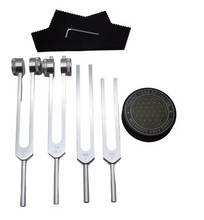 Load image into Gallery viewer, Tuning Fork Set (128Hz, 136.1Hz, 256Hz, 384Hz) + FREE Mallet and Carrying Pouch