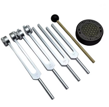 Load image into Gallery viewer, Tuning Fork Set (128Hz, 136.1Hz, 256Hz, 384Hz) + FREE Mallet and Carrying Pouch