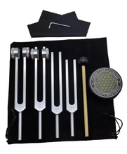 Load image into Gallery viewer, Tuning Fork Set (128Hz, 136.1Hz, 256Hz, 384Hz) + FREE Mallet and Carrying Pouch