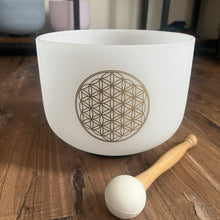 Load image into Gallery viewer, 528Hz Perfect Pitch Crystal Singing Bowl, C Note - 8 Inch Frosted Flower of Life, with Mallet