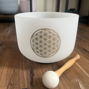 528Hz Perfect Pitch Crystal Singing Bowl, C Note - 8 Inch Frosted Flower of Life, with Mallet
