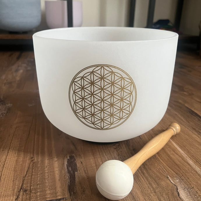 528Hz Perfect Pitch Crystal Singing Bowl, C Note - 8 Inch Frosted Flower of Life, with Mallet