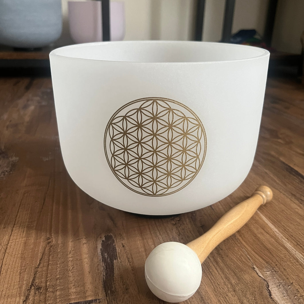 528Hz Crystal Singing Bowl, C Note - 8 Inch Frosted Flower of Life, with Mallet