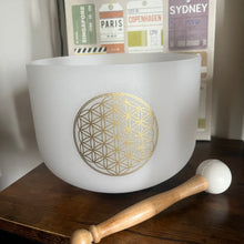 Load image into Gallery viewer, 528Hz Perfect Pitch Crystal Singing Bowl, C Note - 8 Inch Frosted Flower of Life, with Mallet