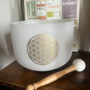 528Hz Perfect Pitch Crystal Singing Bowl, C Note - 8 Inch Frosted Flower of Life, with Mallet