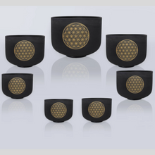 Load image into Gallery viewer, 7 Black Flower of Life Frosted Quartz Crystal Singing Bowl + 2 FREE Carrying Cases