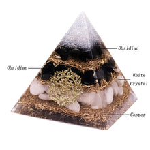 Load image into Gallery viewer, Orgonite Pyramid, Obsidian Copper Shavings with White Crystal