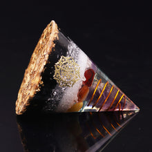 Load image into Gallery viewer, Orgonite Pyramid, Amethystine Point in Gold Circle with Colourful Stone And Obsidian Natural Crystal, EMF Protection