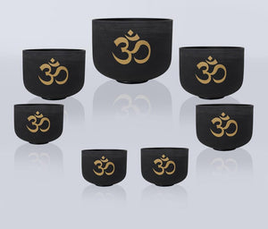 6-12 Inch 7pcs Double Black OM Design Frosted Quartz Crystal Singing Bowl Set with FREE Carry Bags