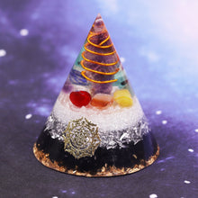 Load image into Gallery viewer, Orgonite Pyramid, Amethystine Point in Gold Circle with Colourful Stone And Obsidian Natural Crystal, EMF Protection
