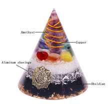 Load image into Gallery viewer, Orgonite Pyramid, Amethystine Point in Gold Circle with Colourful Stone And Obsidian Natural Crystal, EMF Protection