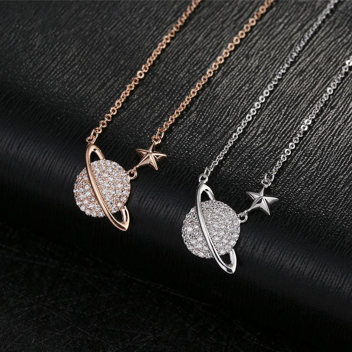 925 Sterling Silver Crystal Planet Star Charm Necklace