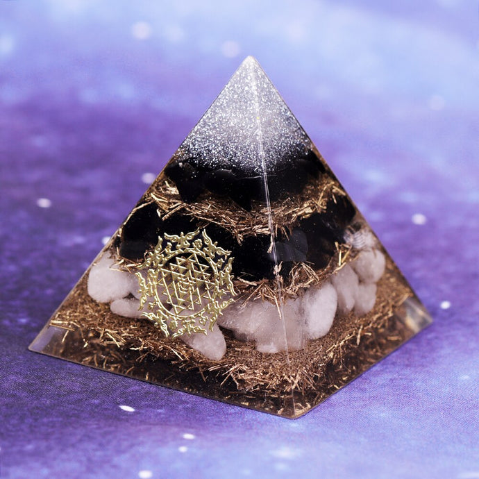 Orgonite Pyramid, Obsidian Copper Shavings with White Crystal