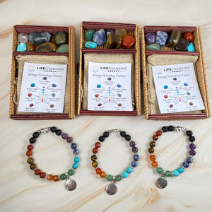 Tree of Life Elephant Aromatherapy Bracelet and 7 Chakra Stone Box Set