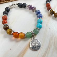 Load image into Gallery viewer, Tree of Life Elephant Aromatherapy Bracelet and 7 Chakra Stone Box Set