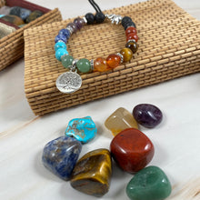 Load image into Gallery viewer, Tree of Life Elephant Aromatherapy Bracelet and 7 Chakra Stone Box Set