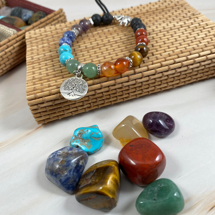 Tree of Life Elephant Aromatherapy Bracelet and 7 Chakra Stone Box Set