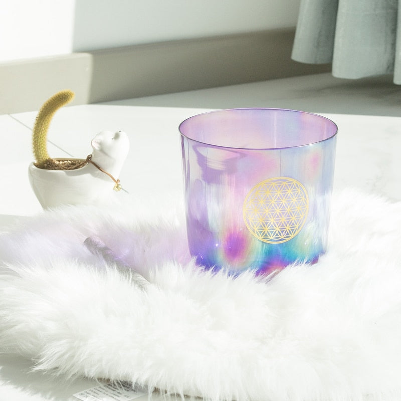 1pc 6-8 Inch Purple Flower of Life Clear Crystal Singing Bowl + Suede Mallet