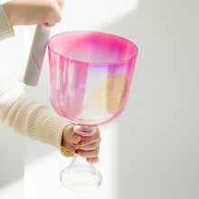 Load image into Gallery viewer, 6 Inch Fancy Pink Flower of Life Clear Crystal Handle Singing Bowl + FREE Suede Mallet
