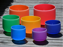 Load image into Gallery viewer, 7 Chakra Quartz Crystal Singing Bowl Set - Solid Rainbow Colored + 2 FREE Carrying Cases