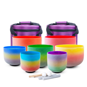 7 Rainbow Ombre Colored Quartz Crystal Singing Bowl - Chakra Set + 2 FREE Carrying Cases