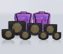 Load image into Gallery viewer, 7 Black Flower of Life Frosted Quartz Crystal Singing Bowl + 2 FREE Carrying Cases