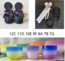 Load image into Gallery viewer, 7 Pastel Ombre Colored Frosted Quartz Crystal Singing Bowl Set + 2 FREE Carrying Cases